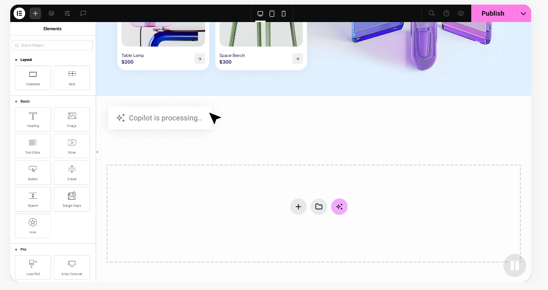 Elementor website builder interface used to design a WordPress website visually