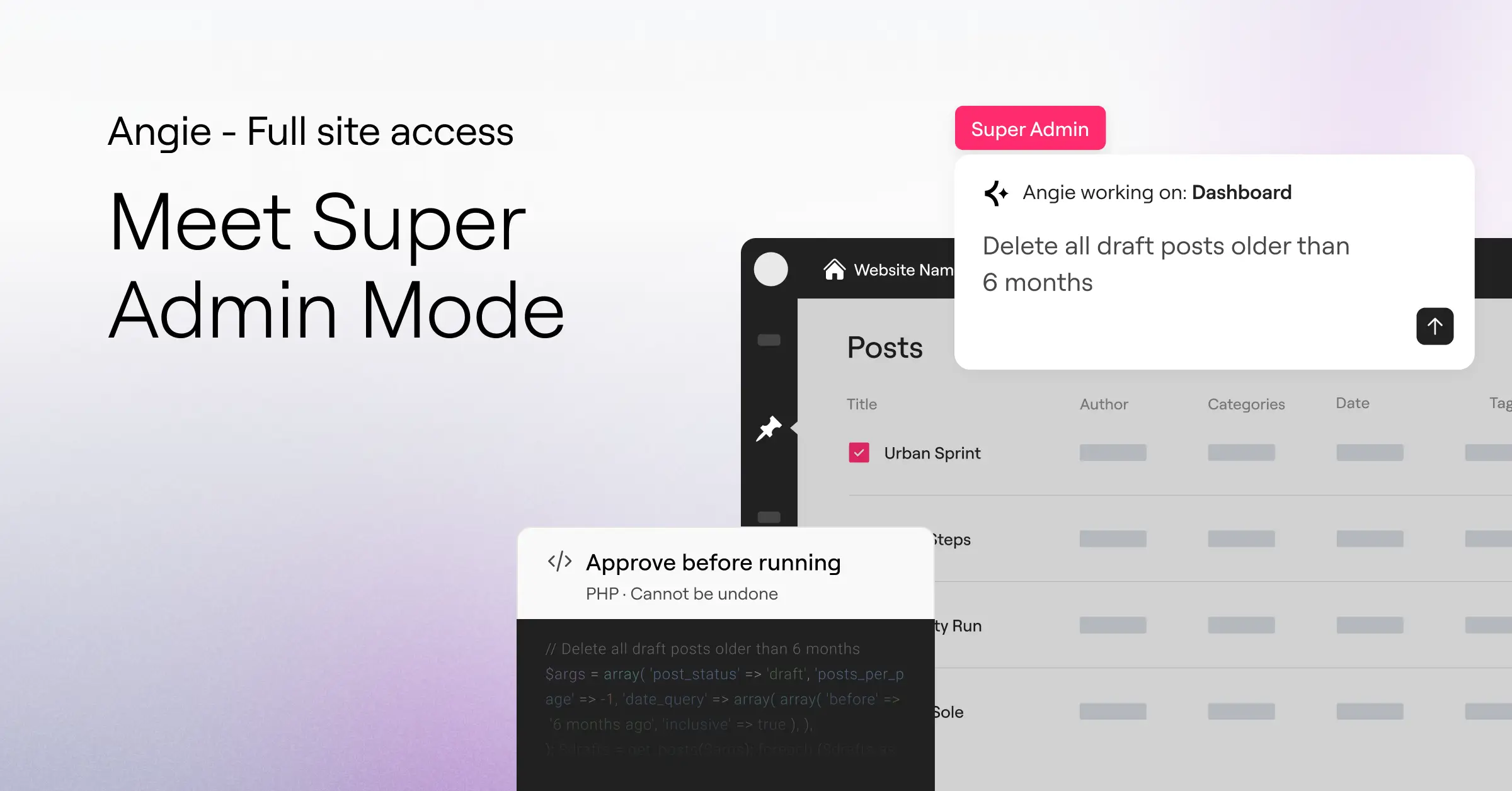 Angie by Elementor super admin interface for AI-assisted WordPress site management