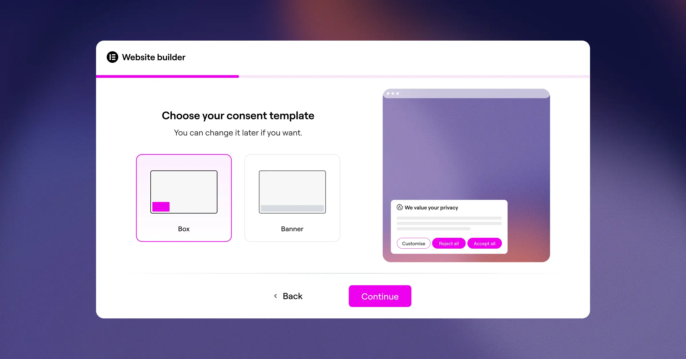 Cookie Consent three-step setup wizard inside the WordPress dashboard guiding users through initial configuration
