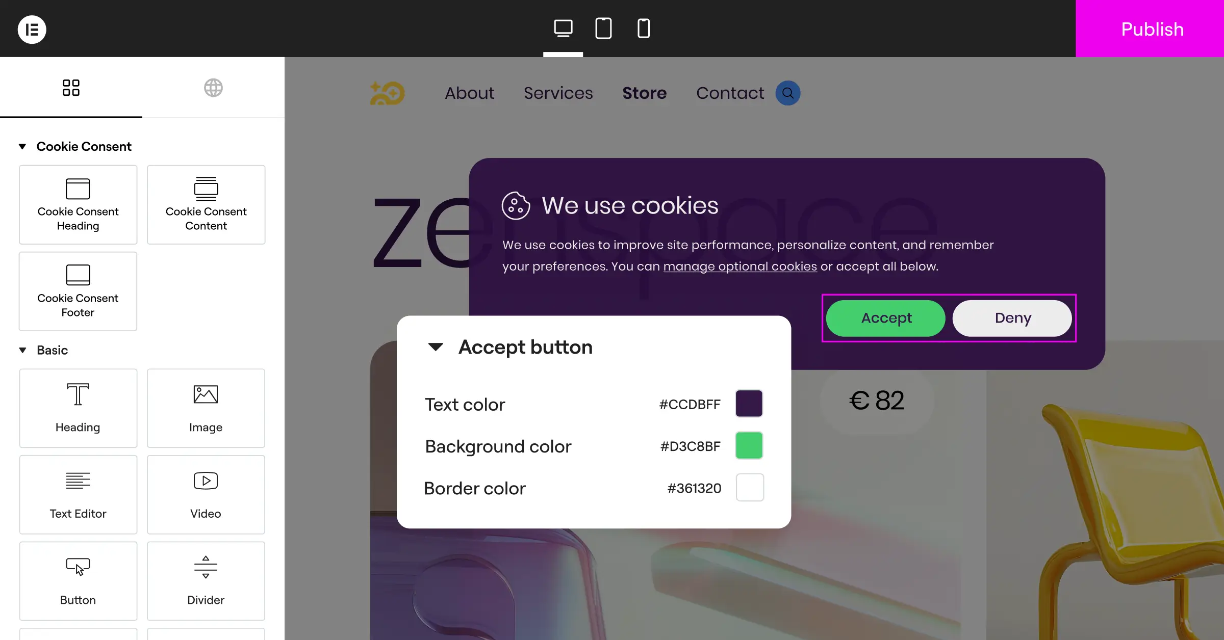 Cookie Consent design customizer interface showing brand color, font, and style controls for consent banners