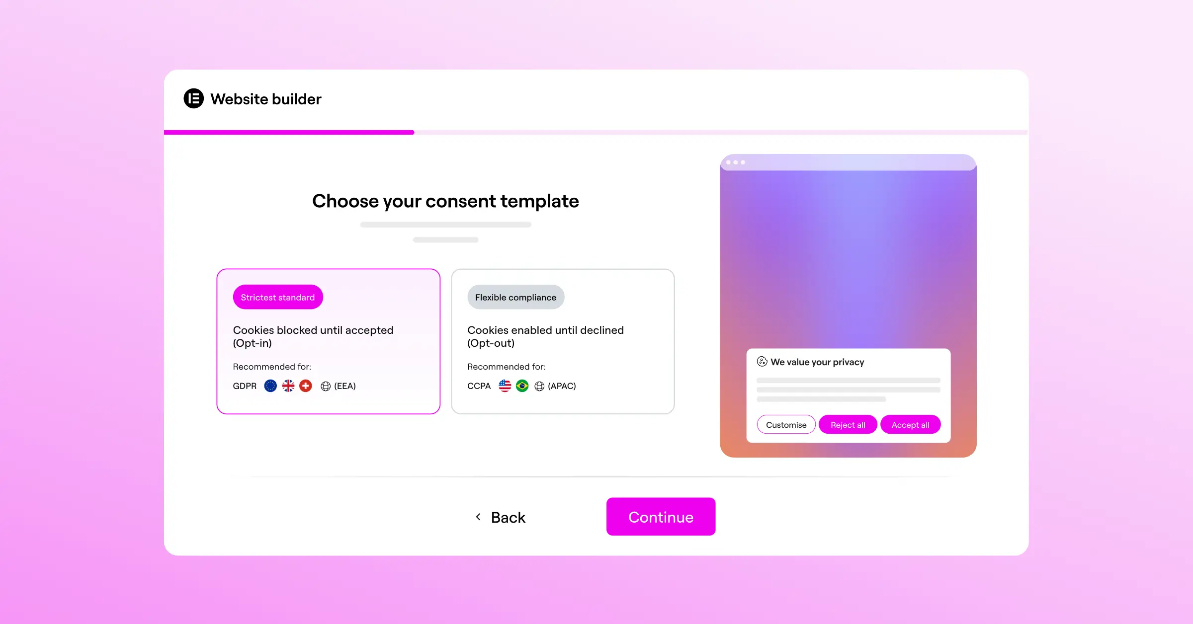 Two cookie consent banner template options showing different layout styles for customizable consent notices