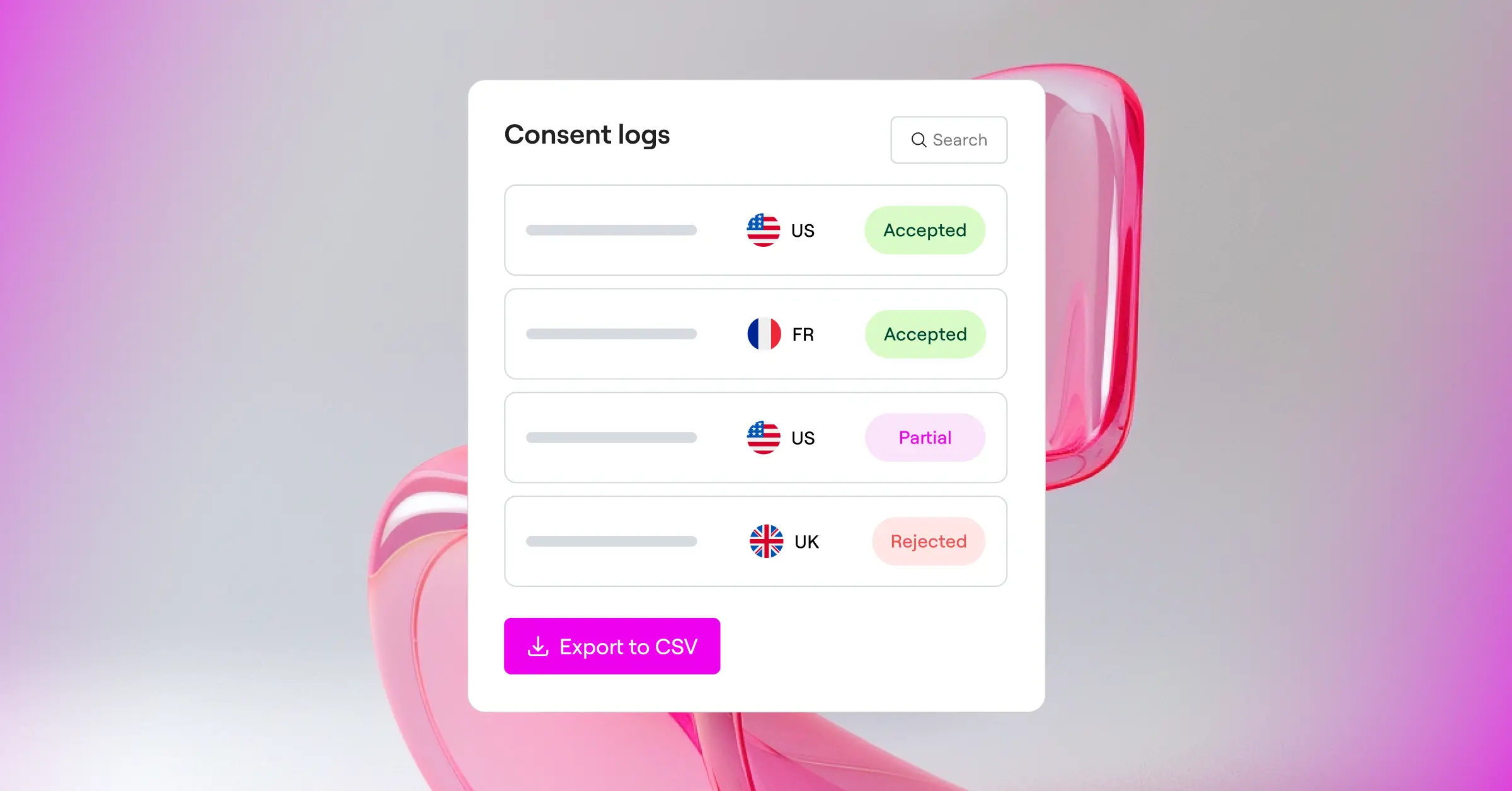 Cookie Consent audit logs screen showing anonymized consent records stored in the WordPress dashboard for GDPR compliance