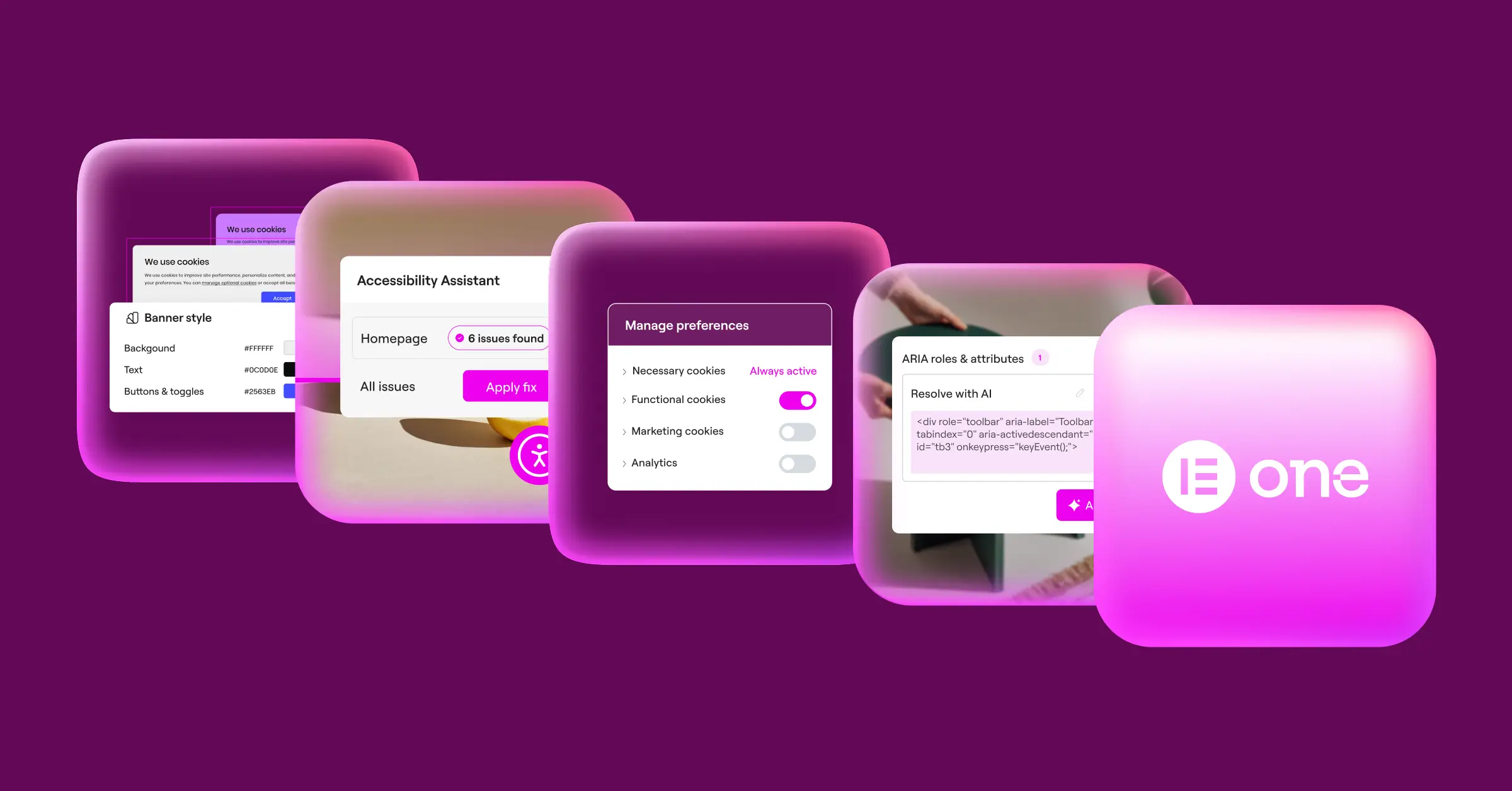 Elementor One dashboard showing Cookie Consent and Web Accessibility tools together in a single WordPress interface