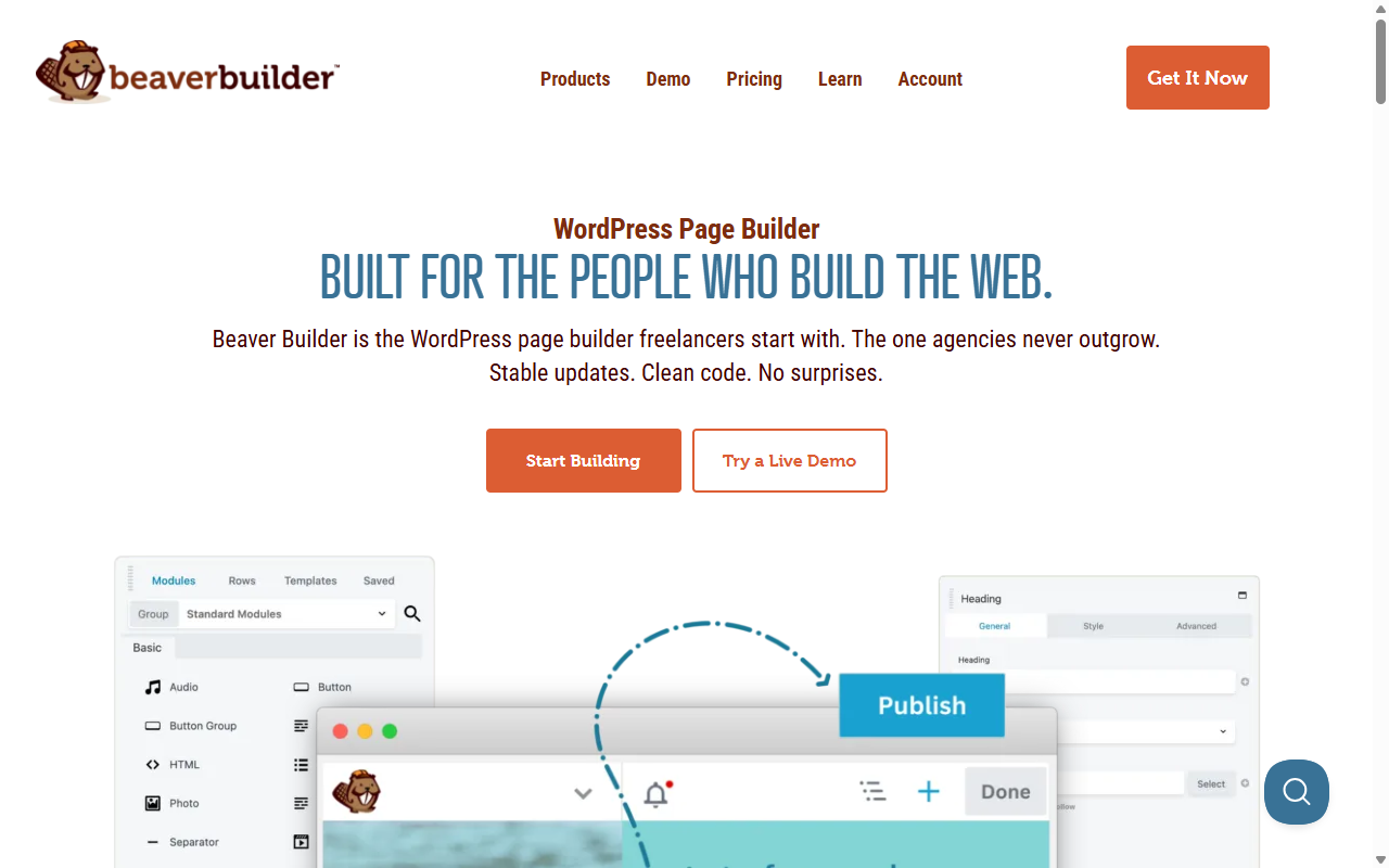 Beaver Builder homepage, WordPress drag-and-drop page builder