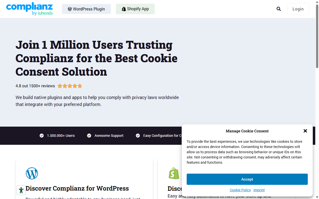 Complianz homepage, WordPress and Shopify consent management