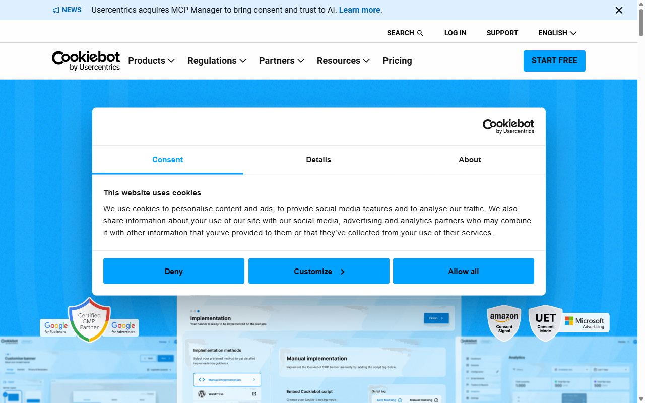 Cookiebot homepage, GDPR/CCPA cookie consent management