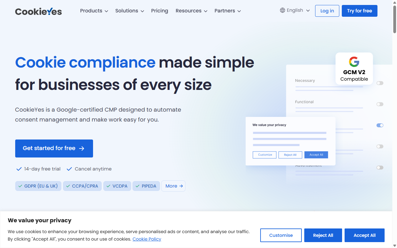 CookieYes homepage, cookie consent solution