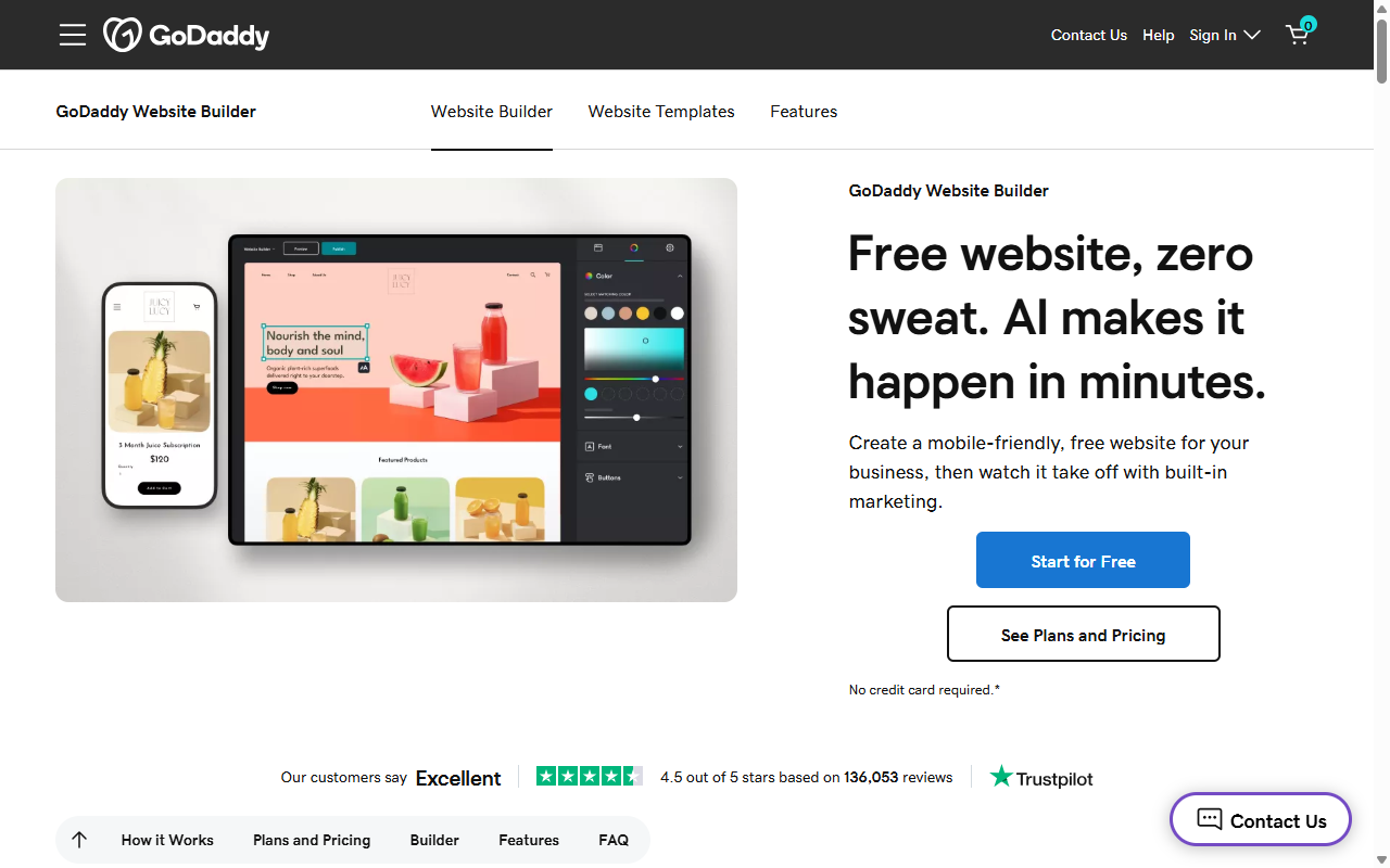 GoDaddy Website Builder page, all-in-one domains and hosting