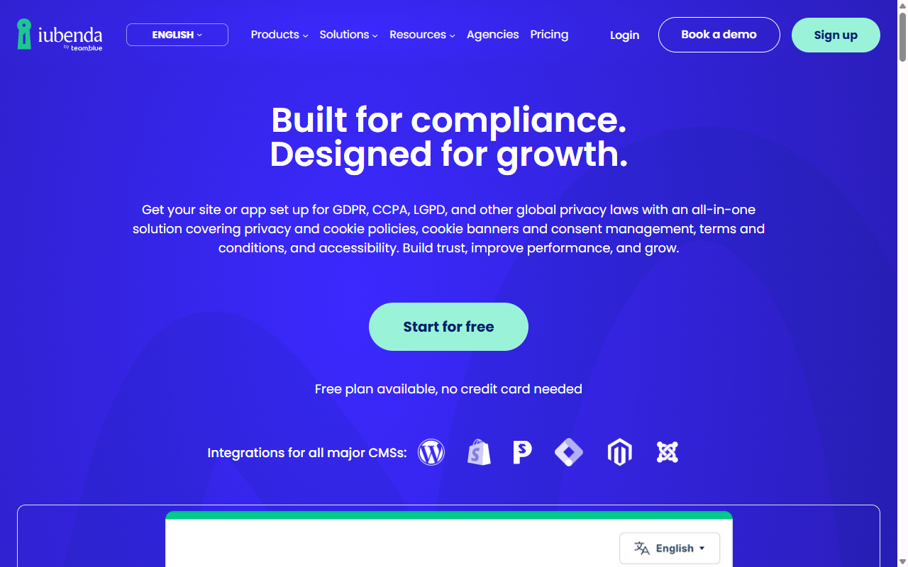 iubenda homepage, compliance solutions for websites and apps