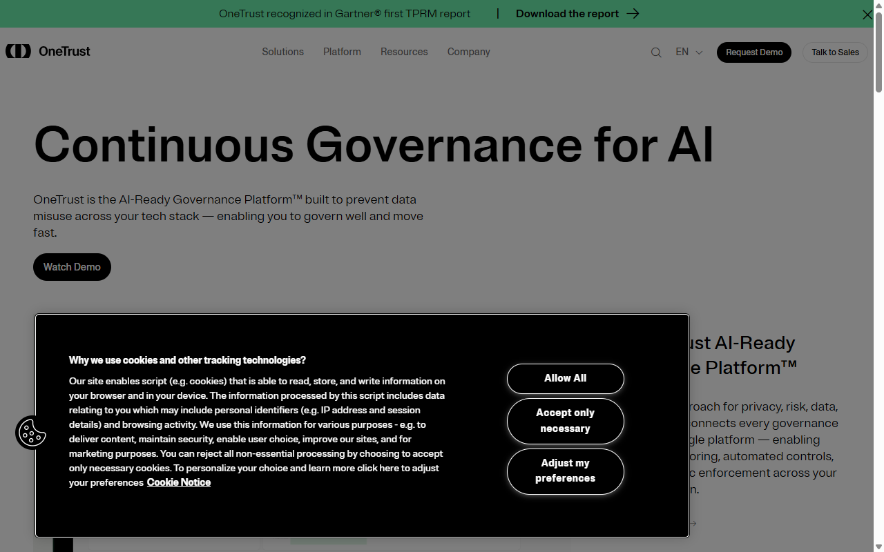 OneTrust homepage, responsible AI governance and compliance