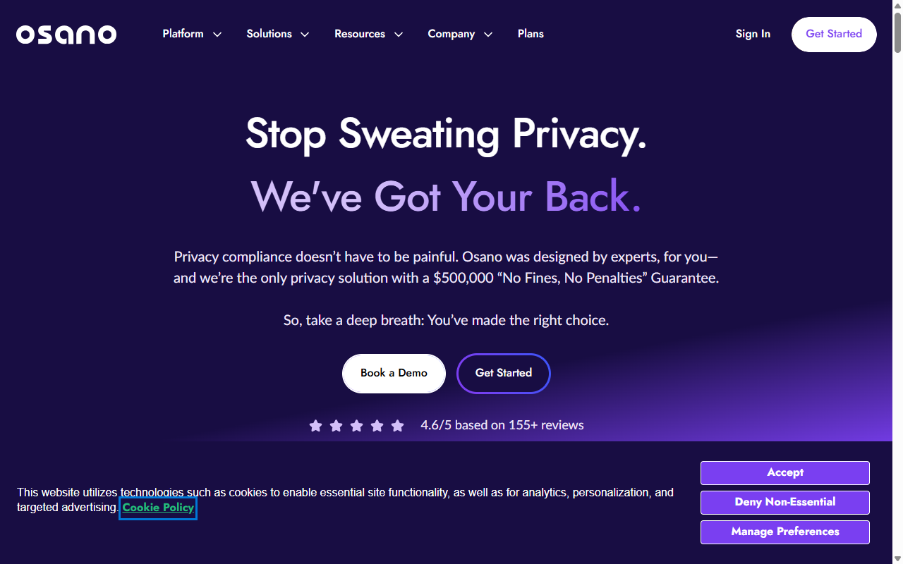 Osano homepage, data privacy management software