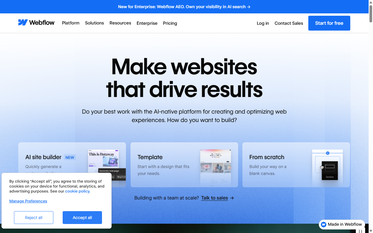 Webflow homepage, visual web development platform