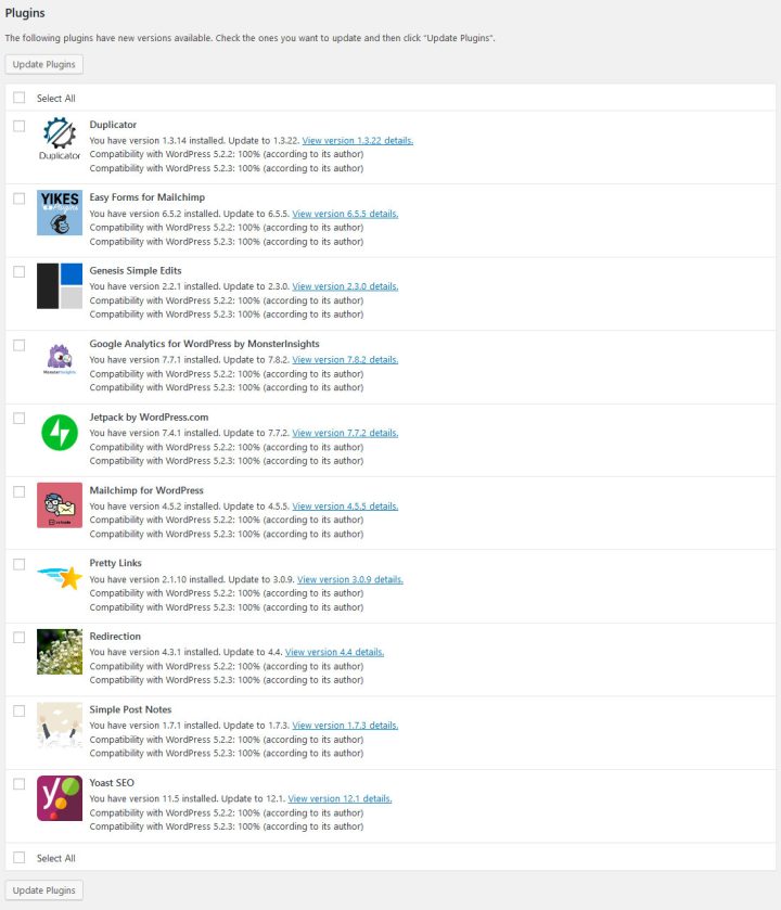 Dasboard plugin updates