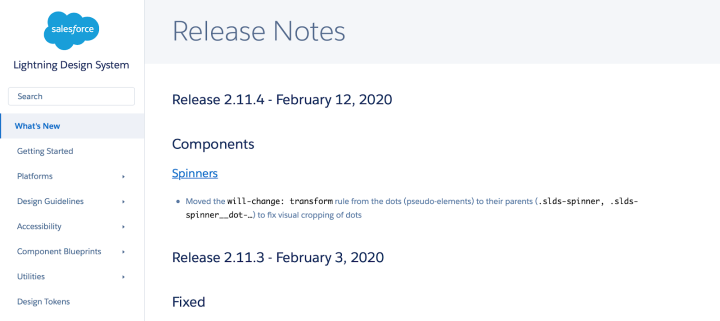 Salesforce design system's what's new page