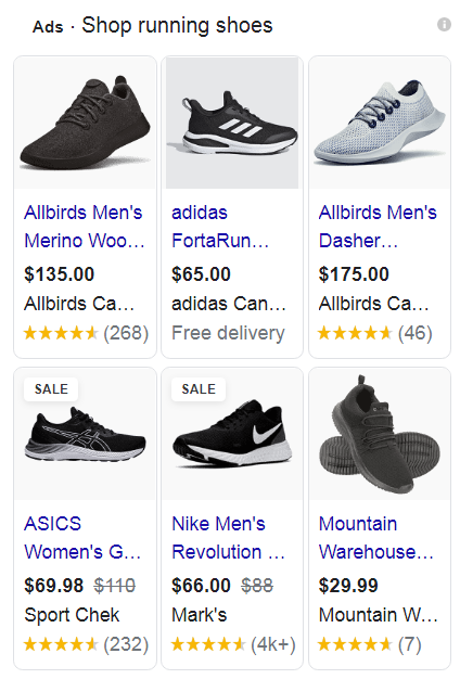 Google Shopping product listing for running shoes