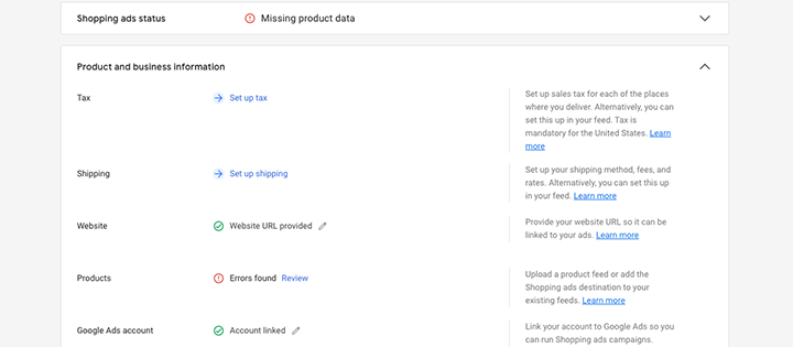 Inputting company and product details into Google Merchant Center