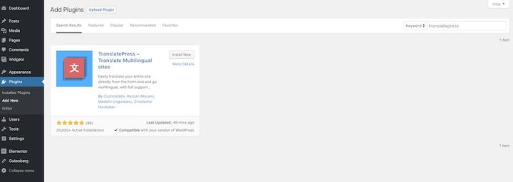 Installing TranslatePress plugin