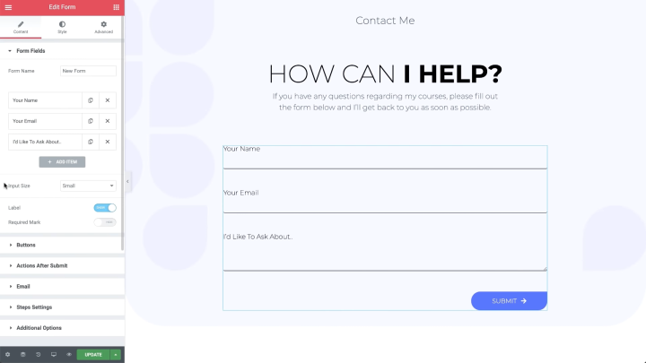 a screenshot of elementor's form builder