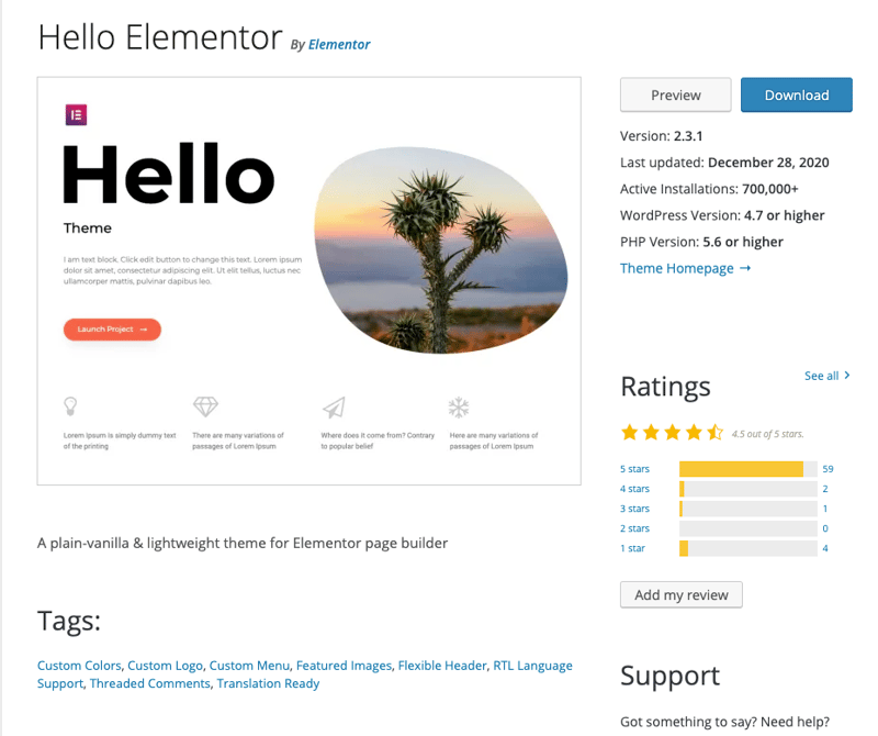 elementor hello theme