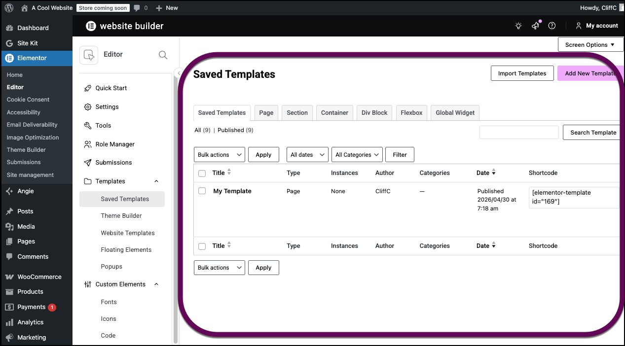 The Saved Templates screen
