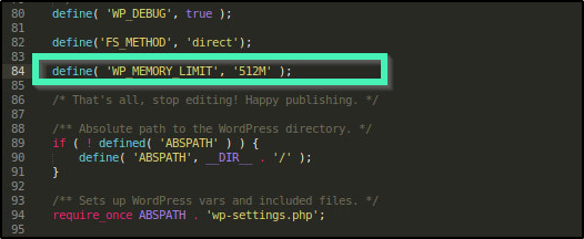 Editing wp-config.php PHP Memory Limit - Server File Manager showing wp-config.php code block edited with WP_MEMORY_LIMIT set to 512M