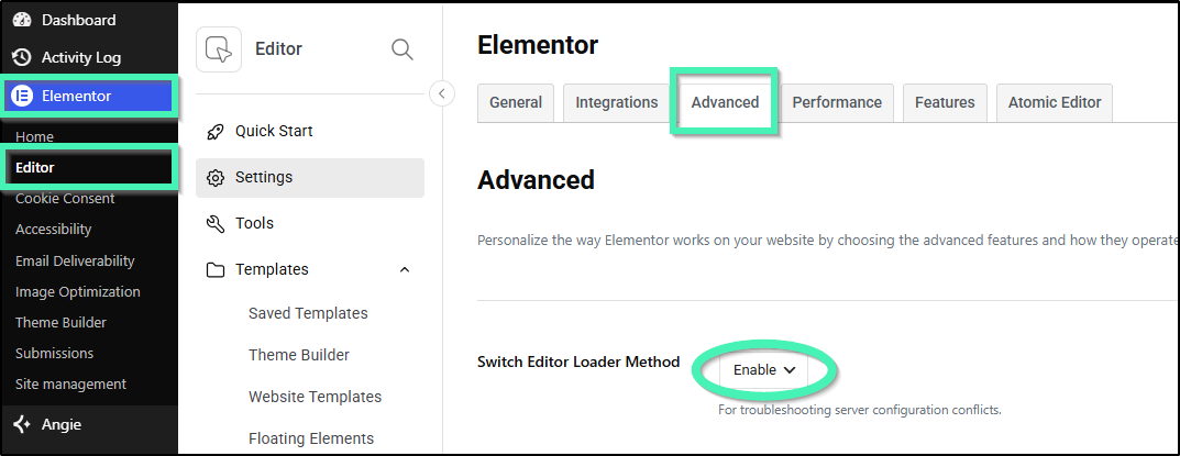 Elementor Advanced Settings panel showing the Switch Editor Loader Method option set to Enable