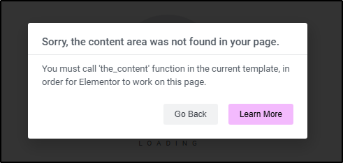 modal showing the content area was not found error
