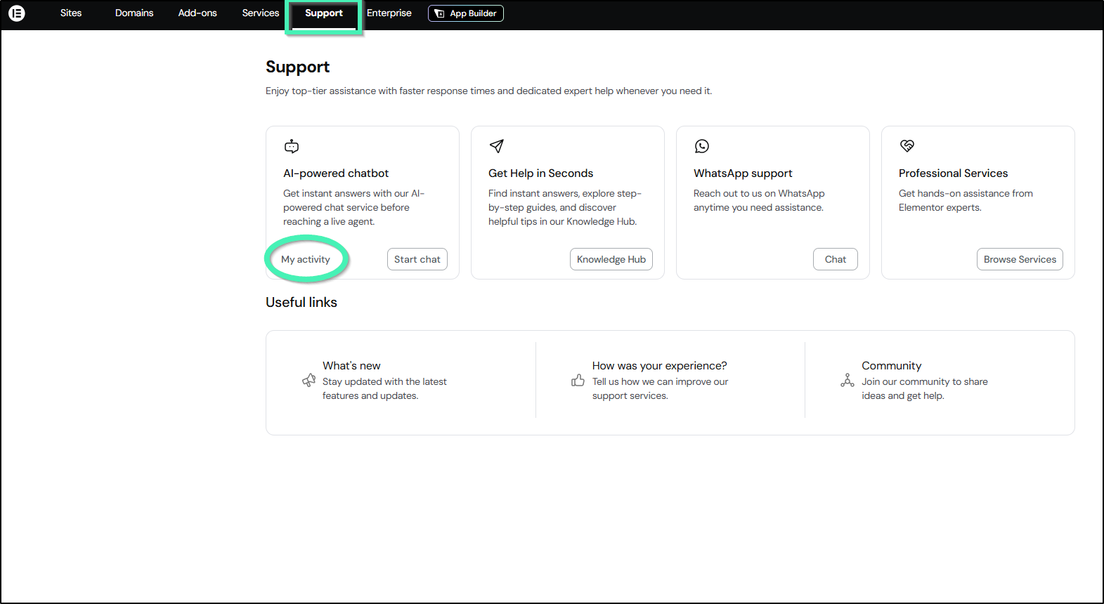 My Elementor dashboard showing my activity button