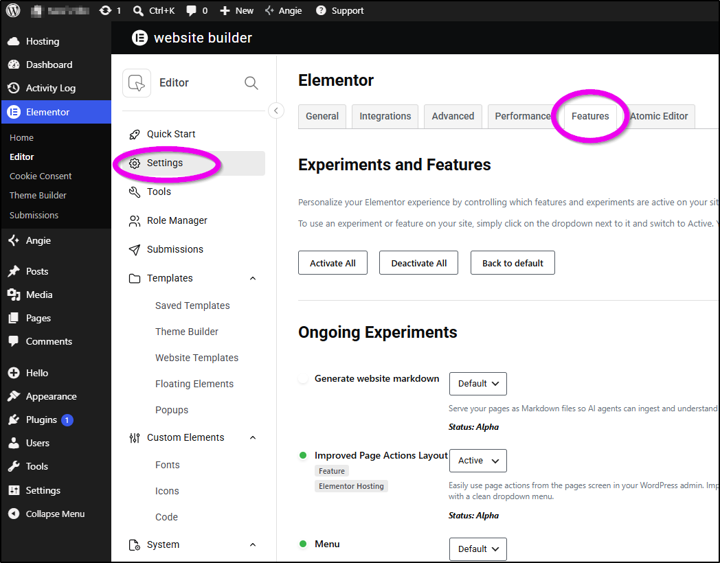 settings features