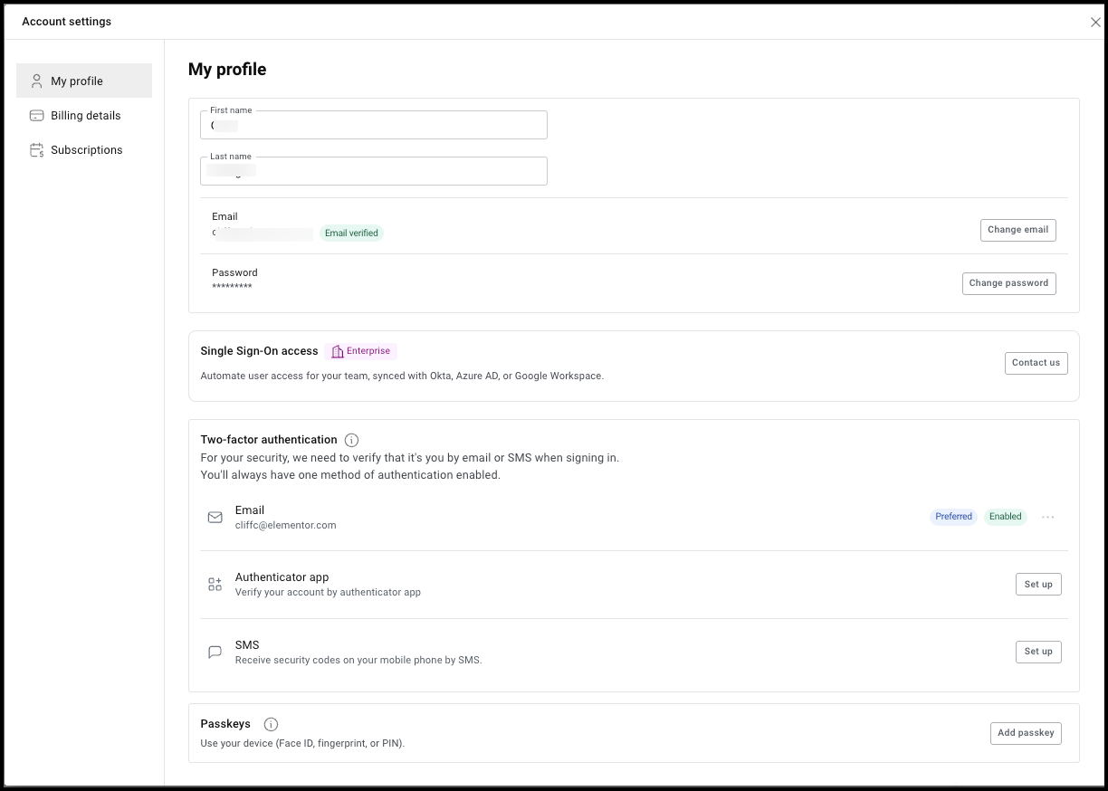 The My Profile page