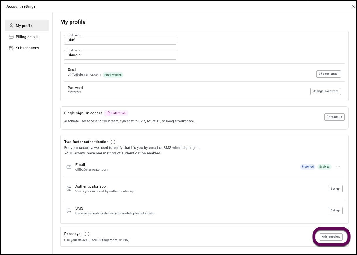 The Add a passkey button