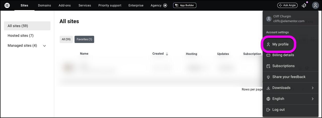 The My Profile dropdown menu with Profile highlighted. 