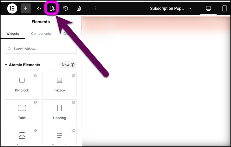 The Elementor top bar with the Popup settings icon highlighted