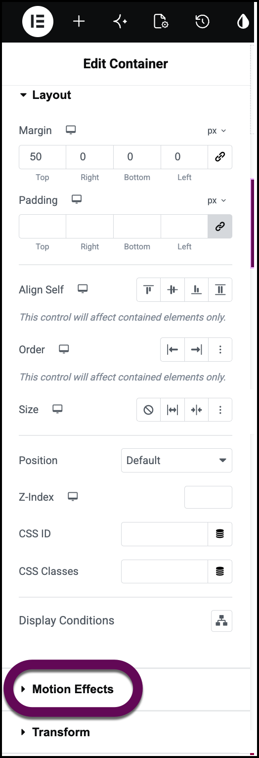 The Motion Effects section