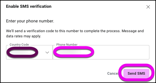 The modal for entering a phone number for SMS verification.