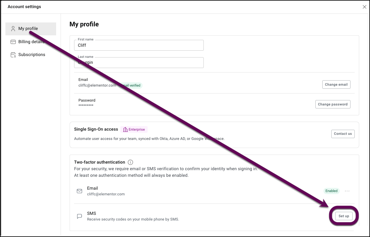 The Set up SMS verification button