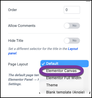 The Layout dropdown menu with Elementor Canvas highlighted