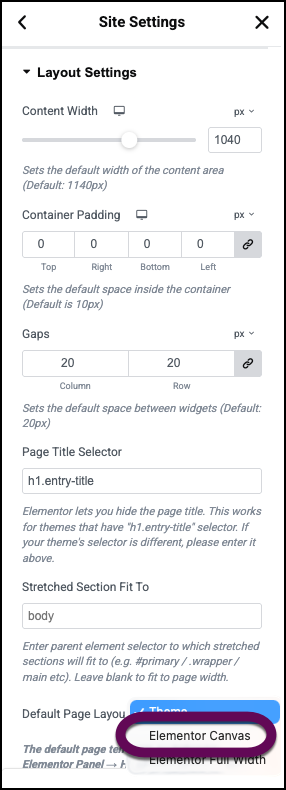 The Site Settings Layout with Elementor Canvas selected.