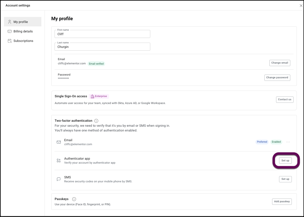 The Set up authenticator app