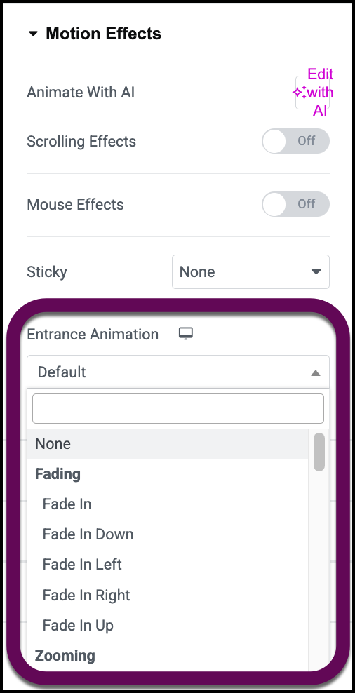 The panel with the Entrance Animation dropdown menu highlighted