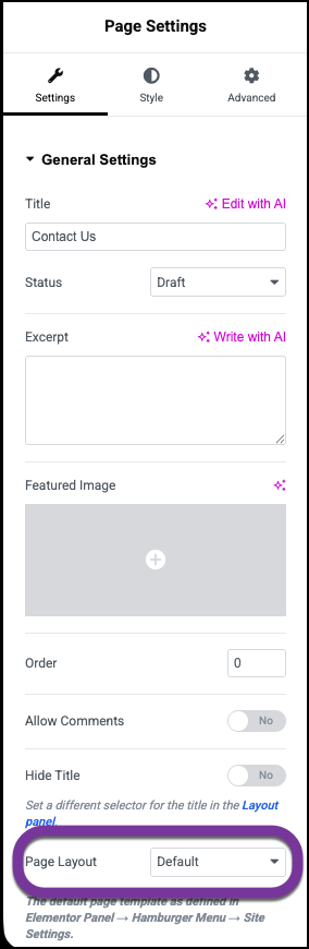The Page settings section with the Layout highlighted