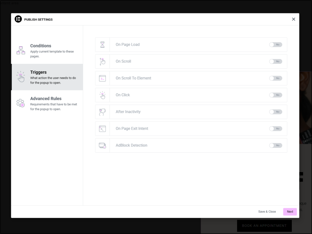Popup settings showing trigger options 
