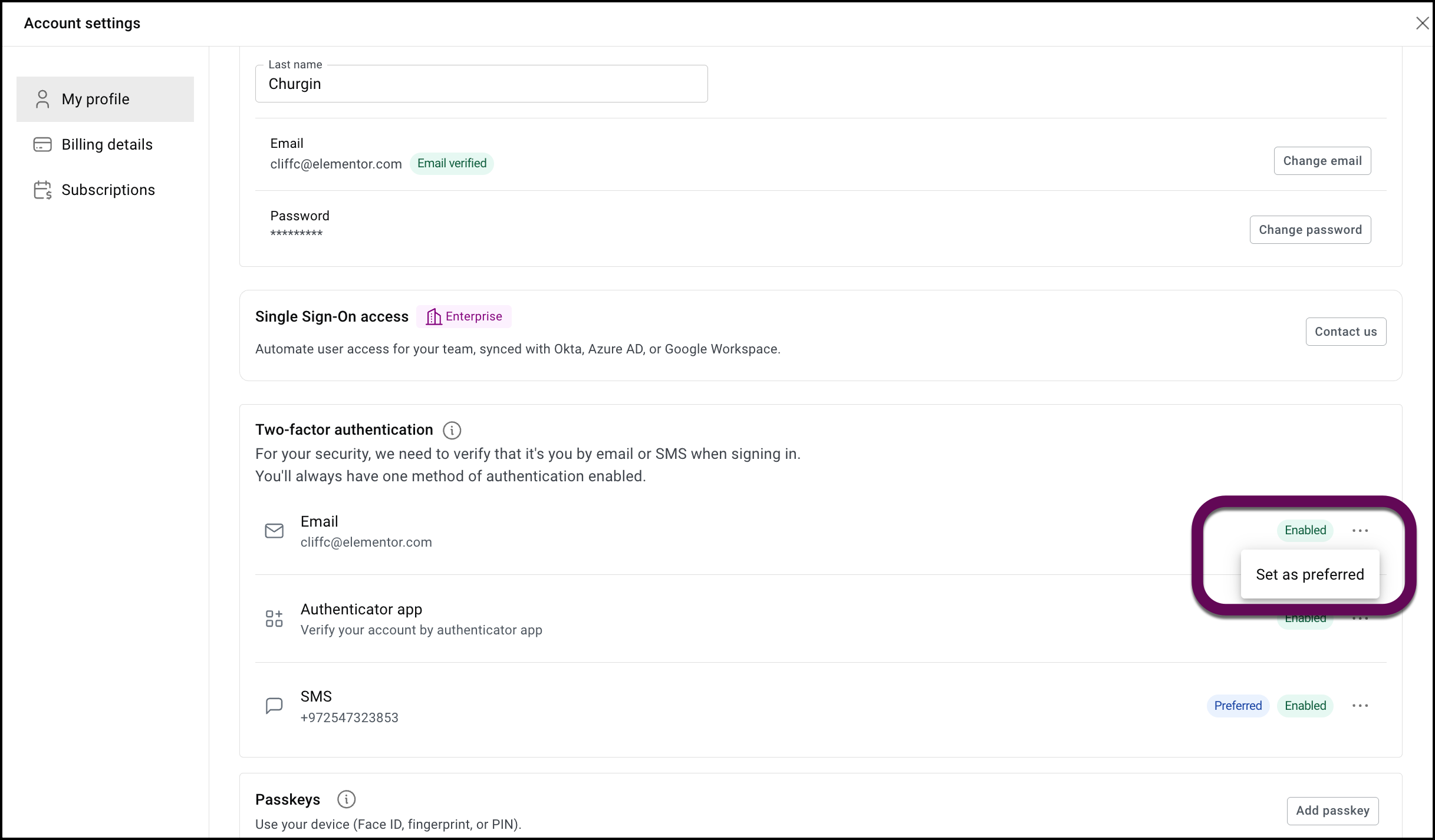 The ellipses menu with set as preferred highlighted.