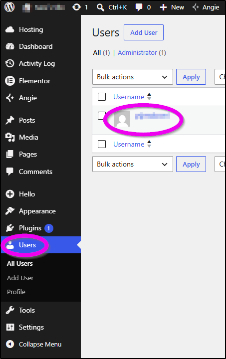 users menu