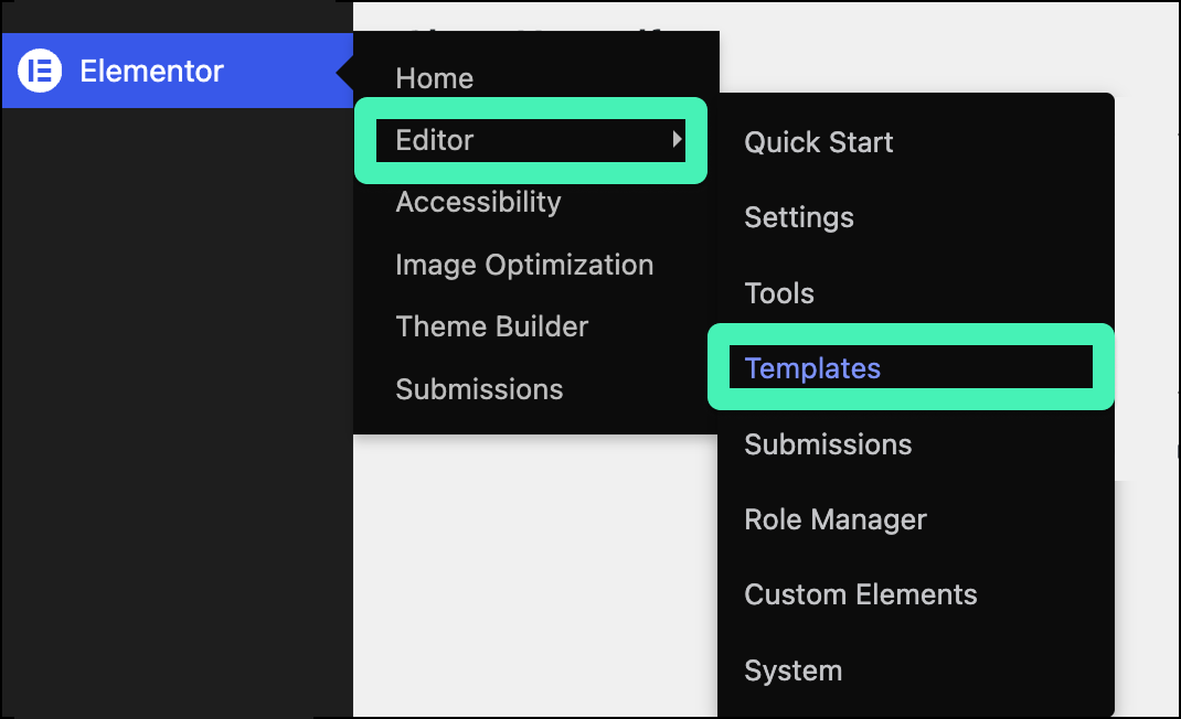 wp elementor editor dropdown. templates indicator