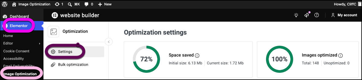 The Elementor, Image Optimizer, Settings link.