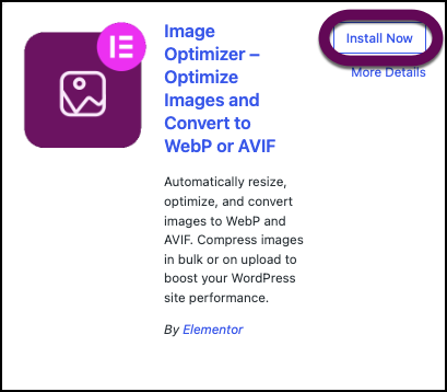 The Image Optimization card with Install Now highlighted