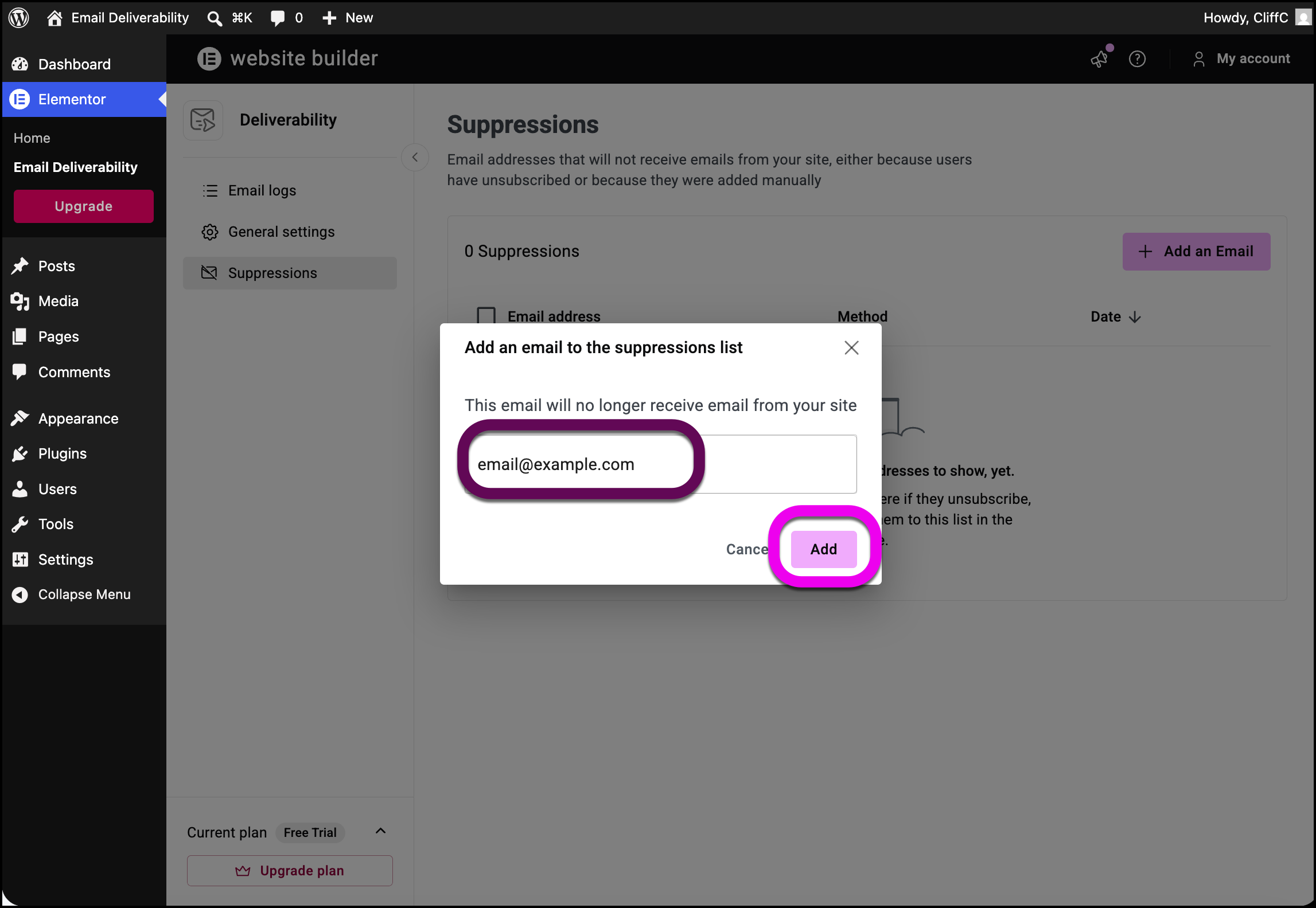 The add an email address modal with the text box for the address and the Add button highlighted