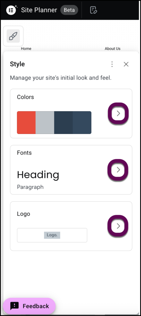 The highlighted chevrons open up different sections of the style menu.