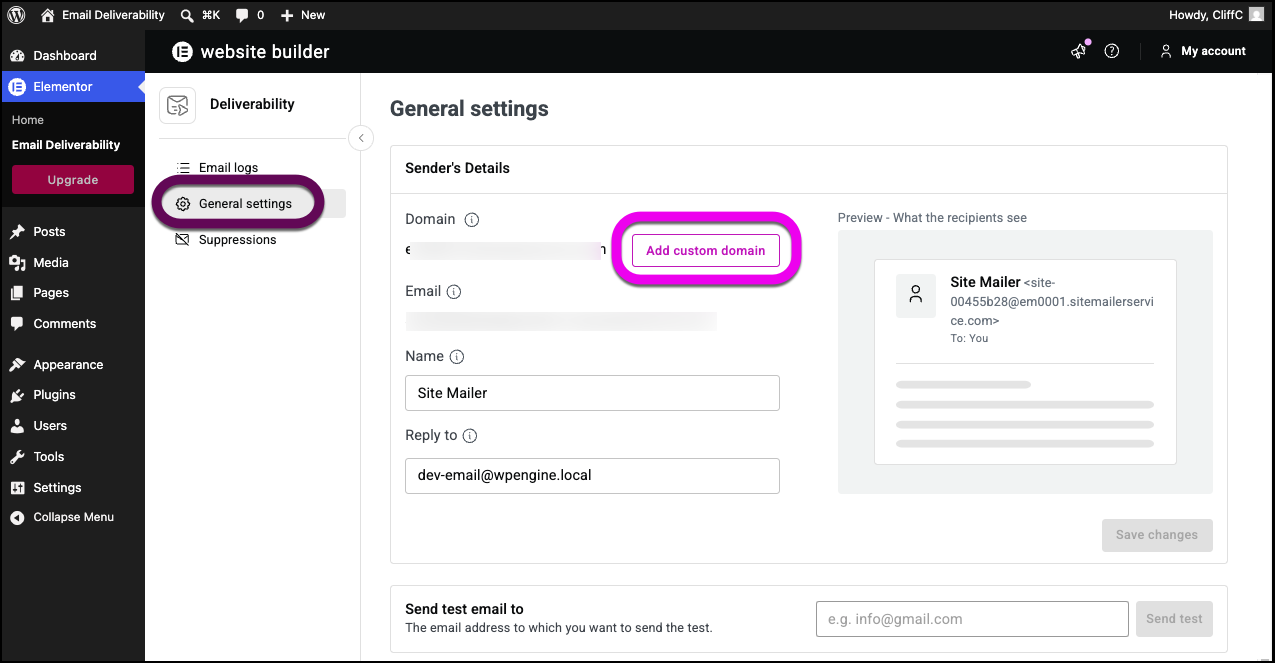 The General tab and add custom domain button